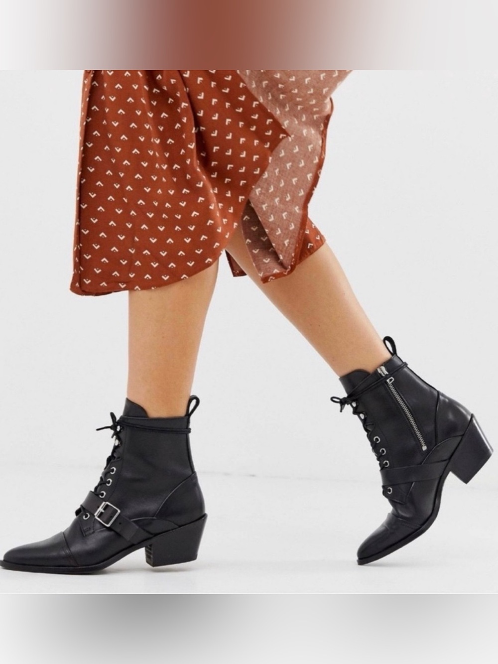 AllSaints Katy Black Leather Lace Up Buckle Strap Ankle Boot Black EU 38 US 7.5